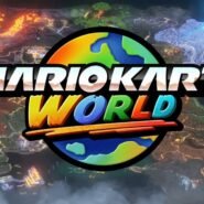 Logo coloré de Mario Kart World sur fond de carte dynamique