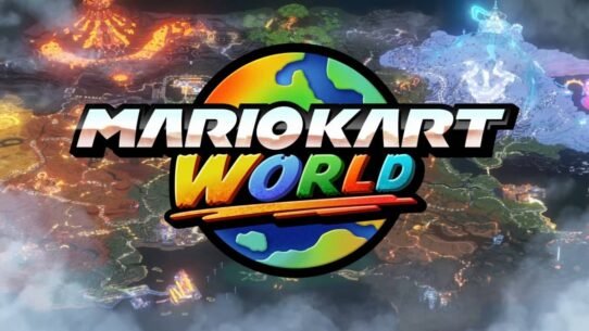 Logo coloré de Mario Kart World sur fond de carte dynamique