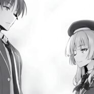 Deux personnages d'anime se regardent en noir et blanc