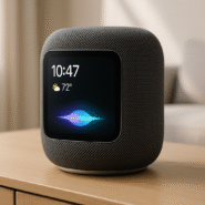 Enceinte intelligente affichant l'heure et la météo