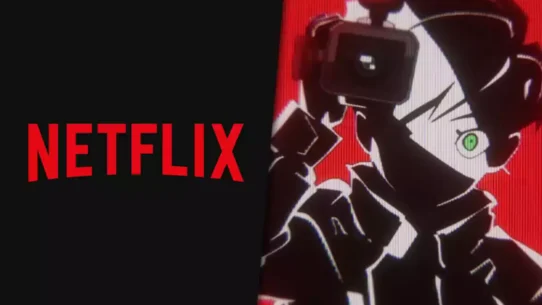 Illustration d'un personnage animé avec une caméra et logo Netflix