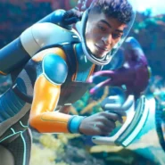 Personnage en combinaison explorant un monde sous-marin futuriste