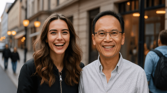 Deux personnes souriantes posant dans une rue urbaine