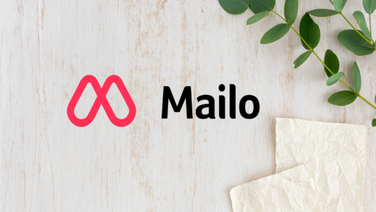 Logo Mailo avec des feuilles vertes sur fond en bois