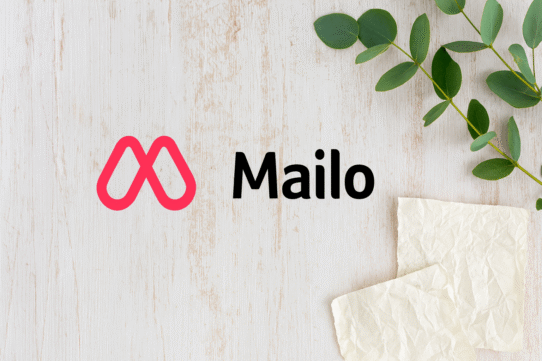 Logo Mailo avec des feuilles vertes sur fond en bois