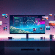 Poste de travail avec écran incurvé et images flottantes