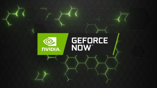 Logo NVIDIA GeForce Now sur fond noir avec motifs verts