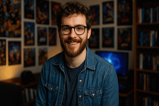 Homme barbu avec lunettes dans un bureau moderne
