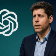 Homme en costume avec un logo d'entreprise technologique en arrière-plan