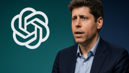 Homme en costume avec un logo d'entreprise technologique en arrière-plan