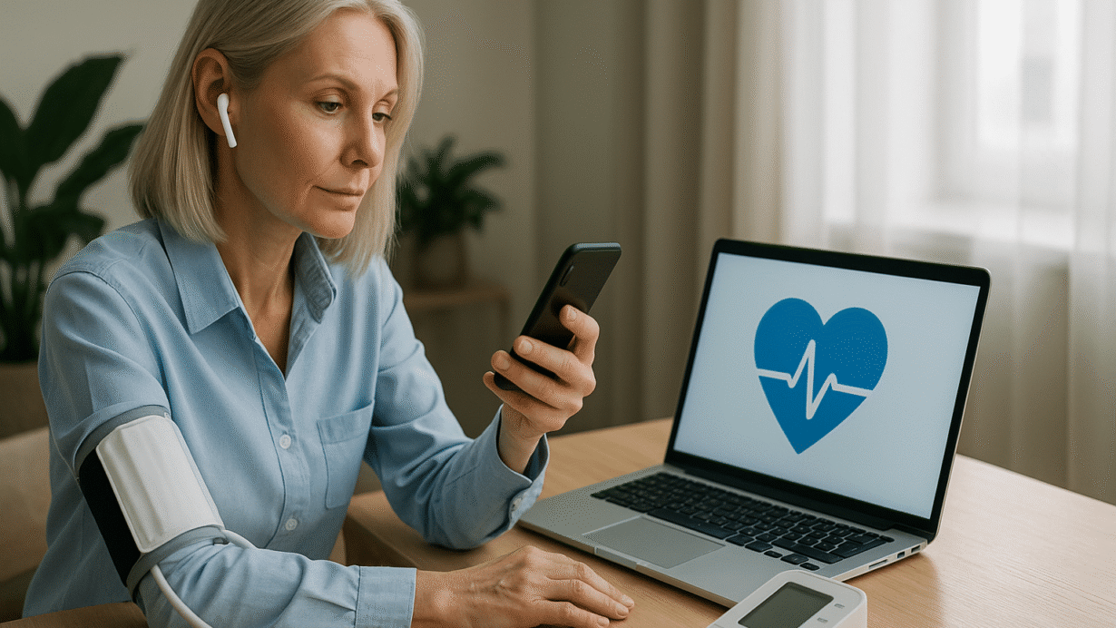 Femme mesurant sa tension artérielle avec un appareil connecté
