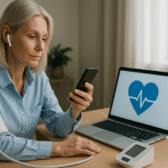 Femme mesurant sa tension artérielle avec un appareil connecté