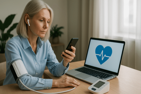 Femme mesurant sa tension artérielle avec un appareil connecté