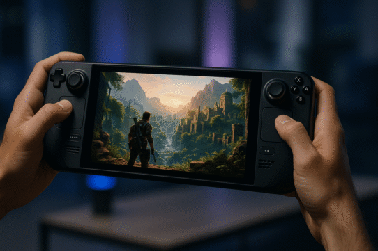 Jeu d'aventure affiché sur une console portable