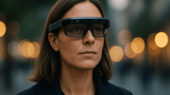 Femme avec lunettes de réalité augmentée en milieu urbain