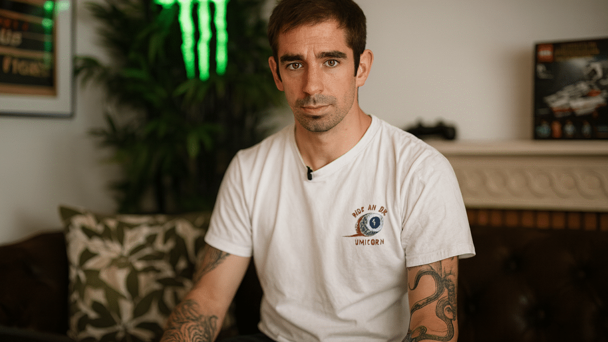 Homme tatoué en t-shirt blanc assis sur un canapé