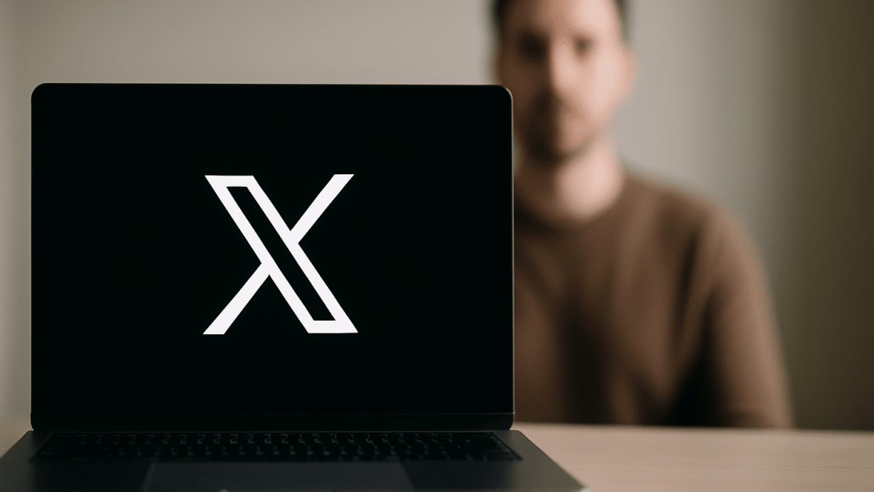 Ordinateur portable affichant un logo X blanc