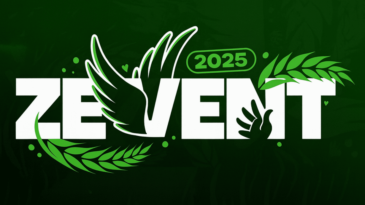 Logo du ZEvent 2025 sur fond vert avec motifs de feuilles