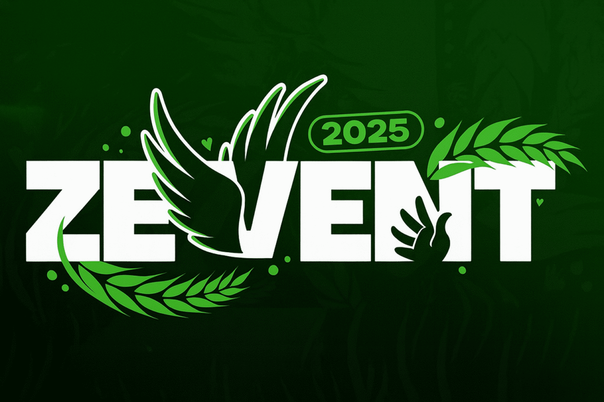 Logo du ZEvent 2025 sur fond vert avec motifs de feuilles