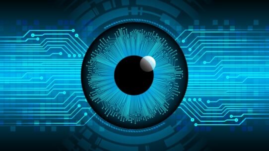 Illustration d'un œil numérique avec motifs de circuits électroniques
