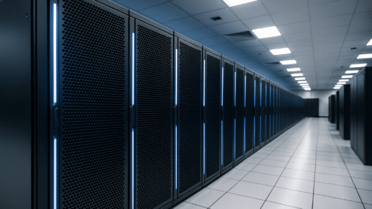 Centre de données avec rangées de serveurs éclairés