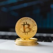 Pièce de Bitcoin dorée posée sur un ordinateur portable