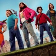 Groupe de personnes dans un paysage imaginaire avec des créatures