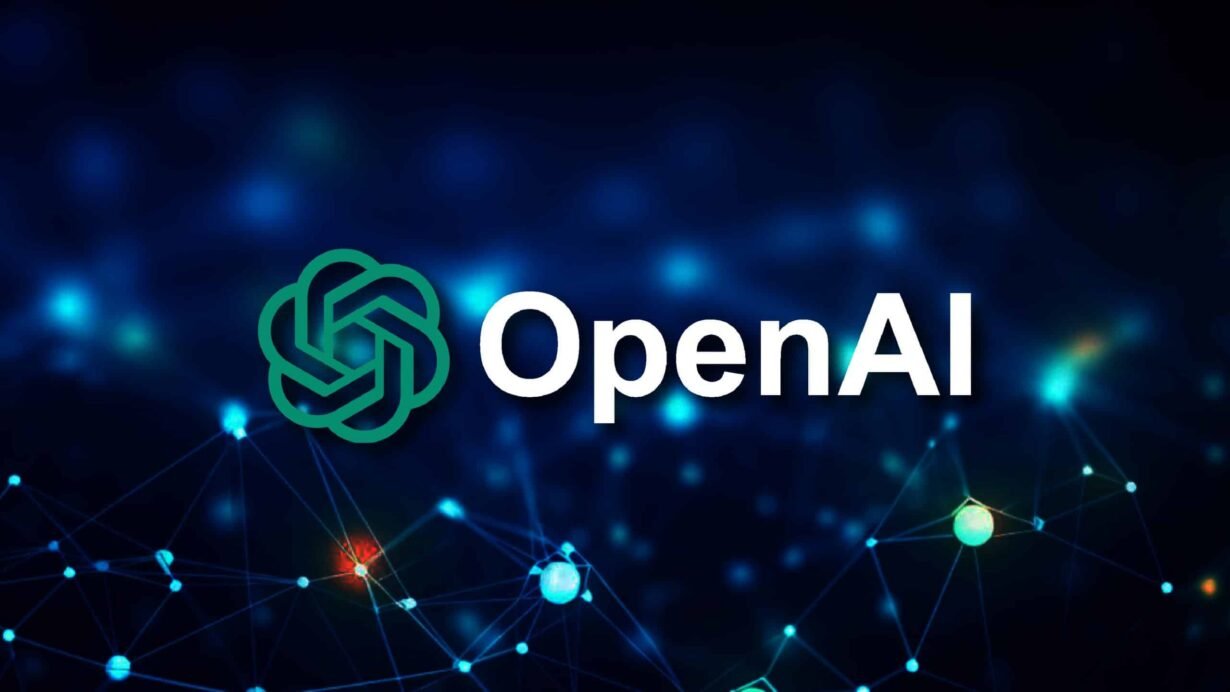 Logo d'OpenAI sur fond bleu avec motifs de réseau numérique
