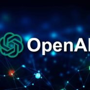 Logo d'OpenAI sur fond bleu avec motifs de réseau numérique
