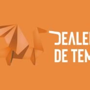 Dragon en origami avec texte Dealer de Temps sur fond orange