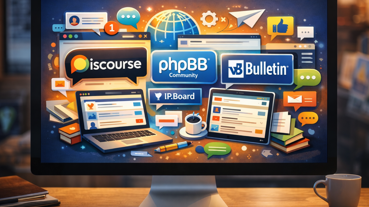 Écran d'ordinateur affichant des logos de forums en ligne