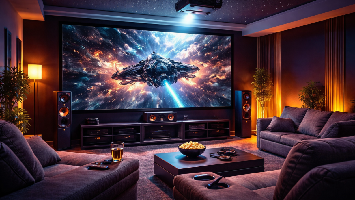 Salon moderne avec grand écran de cinéma affichant un vaisseau spatial