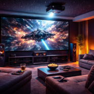 Salle de home cinéma avec écran géant et sièges confortables