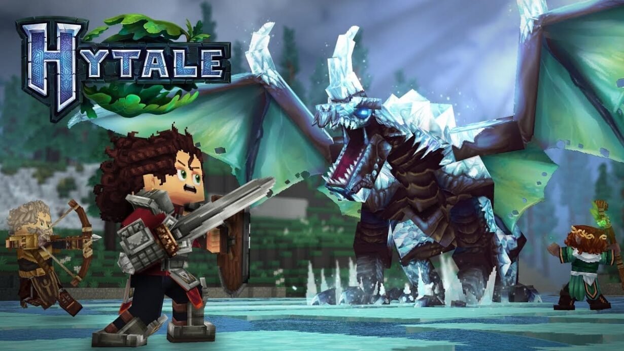 Personnages de Hytale affrontant un dragon de glace