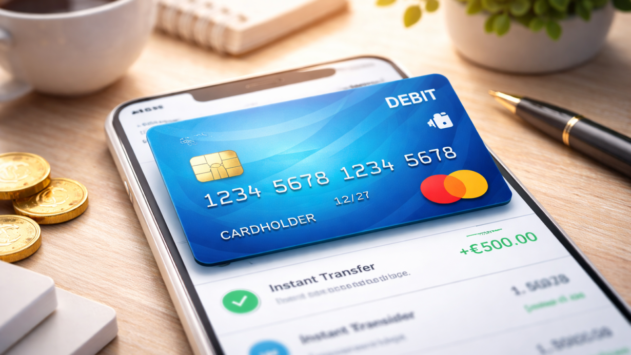 Carte de débit bleue sur un smartphone avec application bancaire