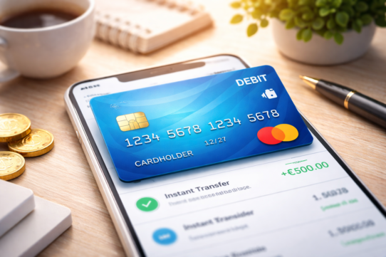 Carte de débit bleue sur un smartphone avec application bancaire