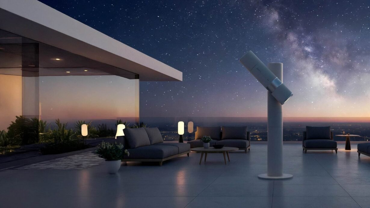 Terrasse moderne avec télescope sous un ciel étoilé