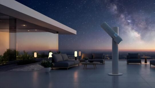 Terrasse moderne avec télescope sous un ciel étoilé