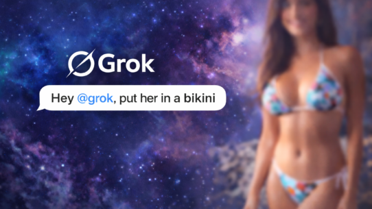 Image d'une femme en bikini avec un fond de galaxie et le texte Grok