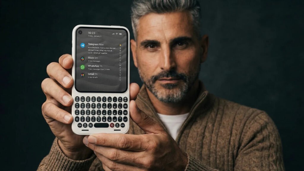 Homme tenant un smartphone avec clavier physique et applications affichées