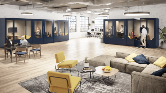 Open space avec cabines privées et mobilier moderne