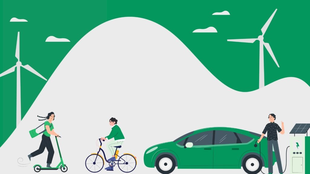 Illustration de transports écologiques avec éoliennes