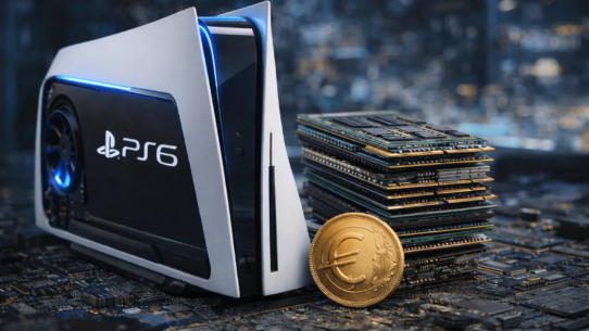 Console PS6 avec puces électroniques et pièce euro