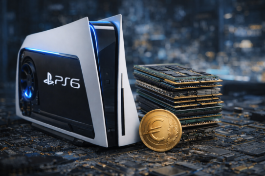 Console PS6 avec puces électroniques et pièce euro