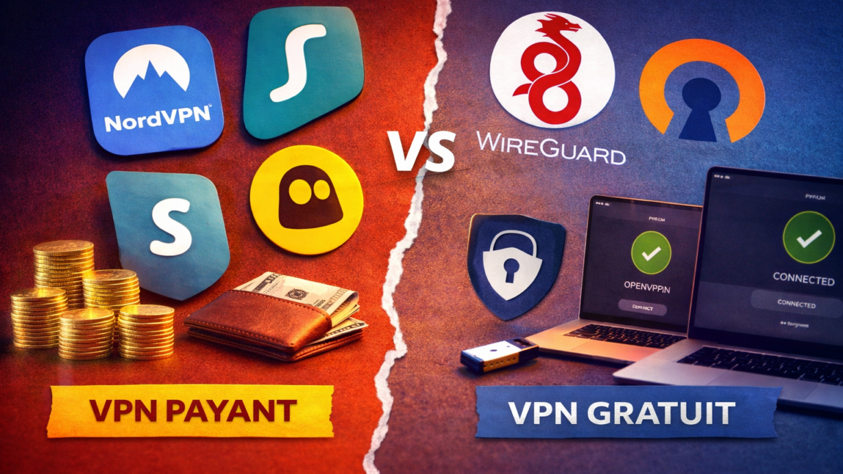 Illustration comparant VPN payants et gratuits avec logos et appareils connectés