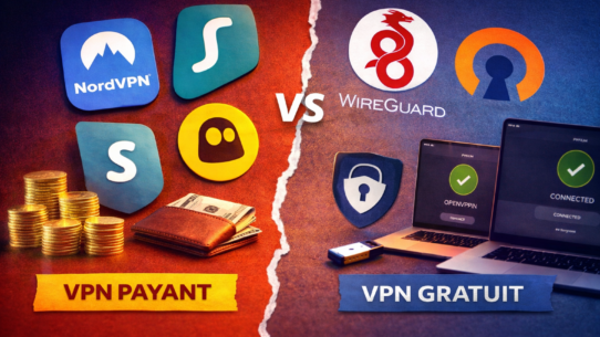 Illustration comparant VPN payants et gratuits avec logos et appareils connectés