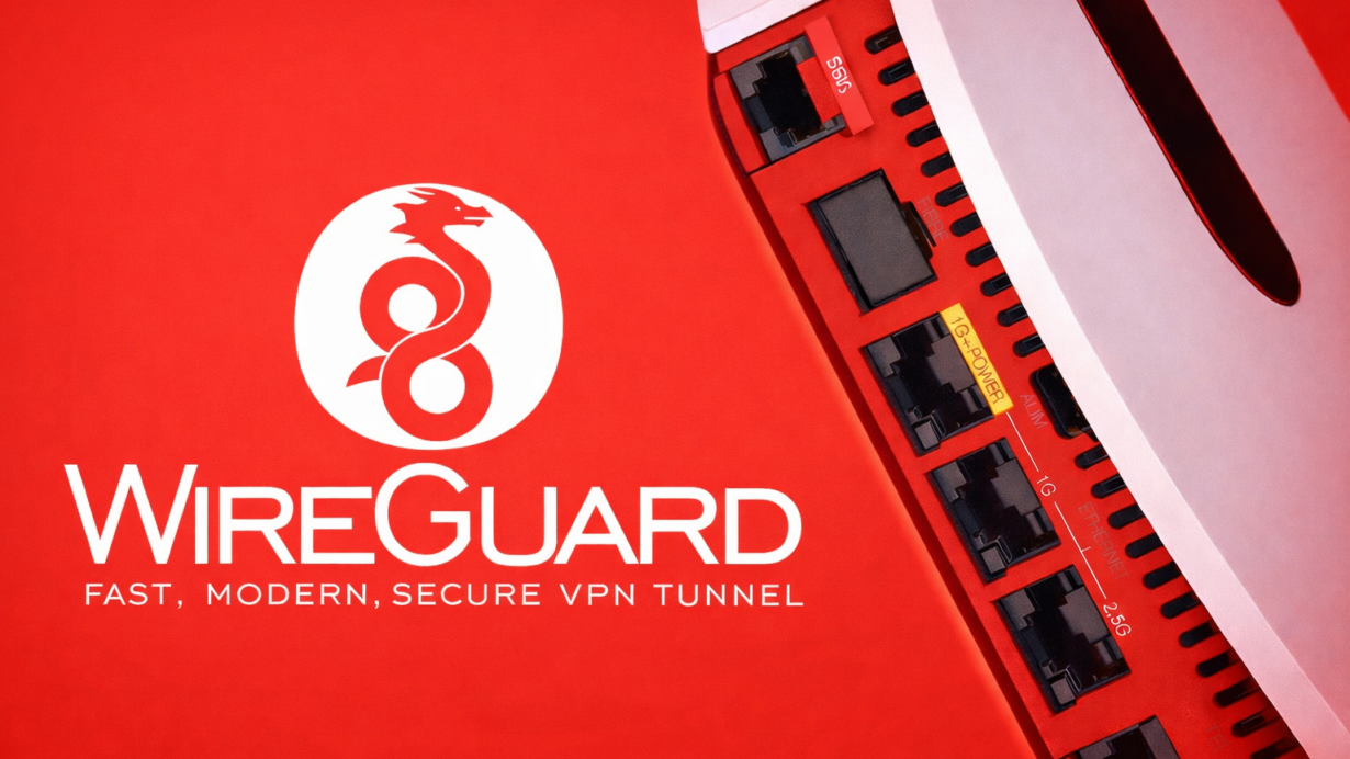 Logo de WireGuard avec ports réseau sur fond rouge
