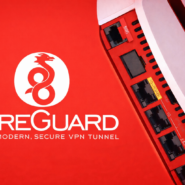 Logo de WireGuard avec ports réseau sur fond rouge