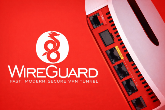 Logo de WireGuard avec ports réseau sur fond rouge