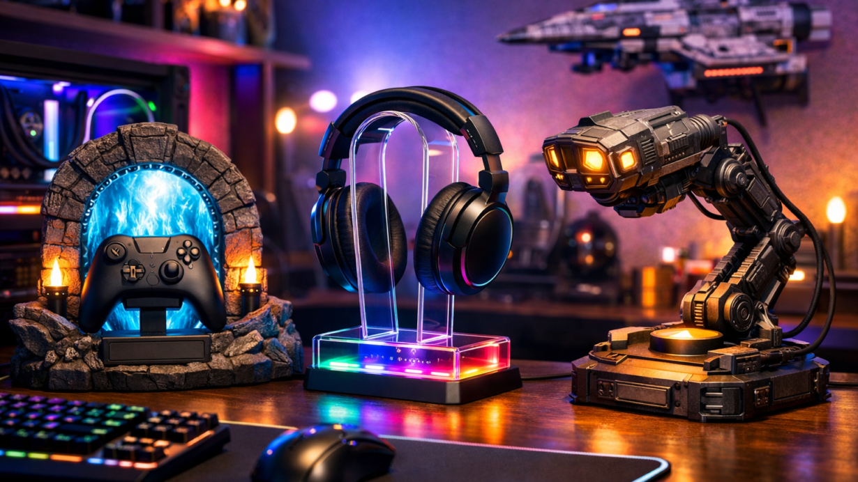 Divers cadeaux personnalisés pour geeks sur une table